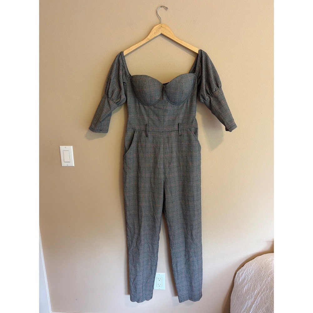 Guess Los Angeles Grey Plaid Bustier Puff Sleeve Jumpsuit Size 8 Glen Check